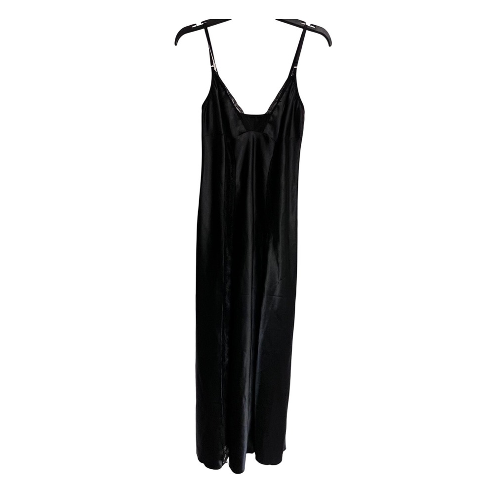 Black Satin Lace Trim Maxi Slip Dress Adjustable Straps V-Neck Nightgown L